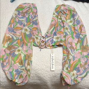 For Love And Lemons Floral Puff Sleeve Blouse - Pink, Green, Orange